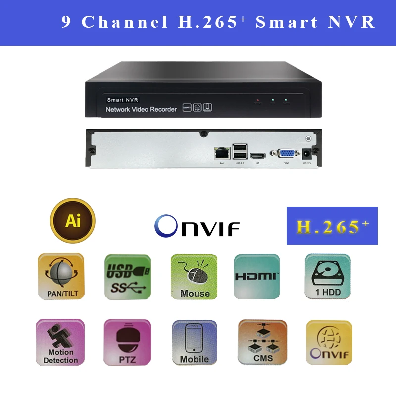 IP видеорегистратор NVR 9CH 1080P H.265 с поддержкой H.264 onvif 1VGA + HDMI FTP|Видеорегистратор для
