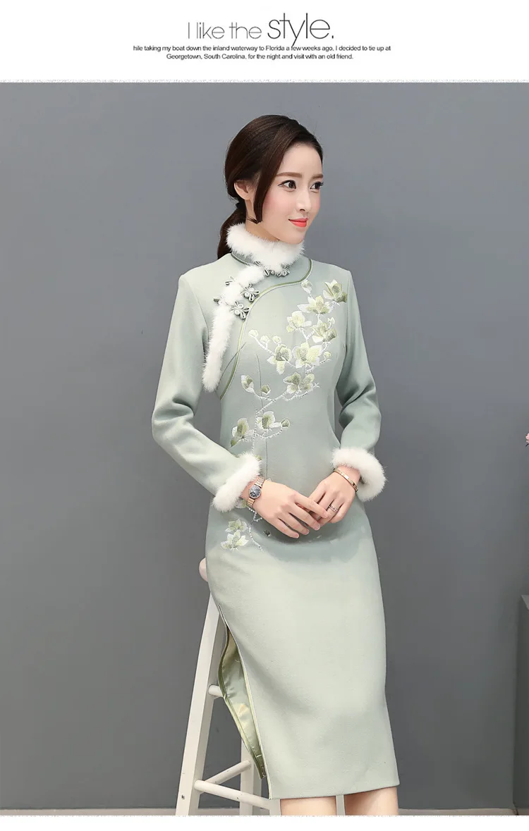 Ретро улучшенное платье Чонсам женское осеннее и зимнее шерстяное платье с воротником из кроличьей шерсти с вышивкой