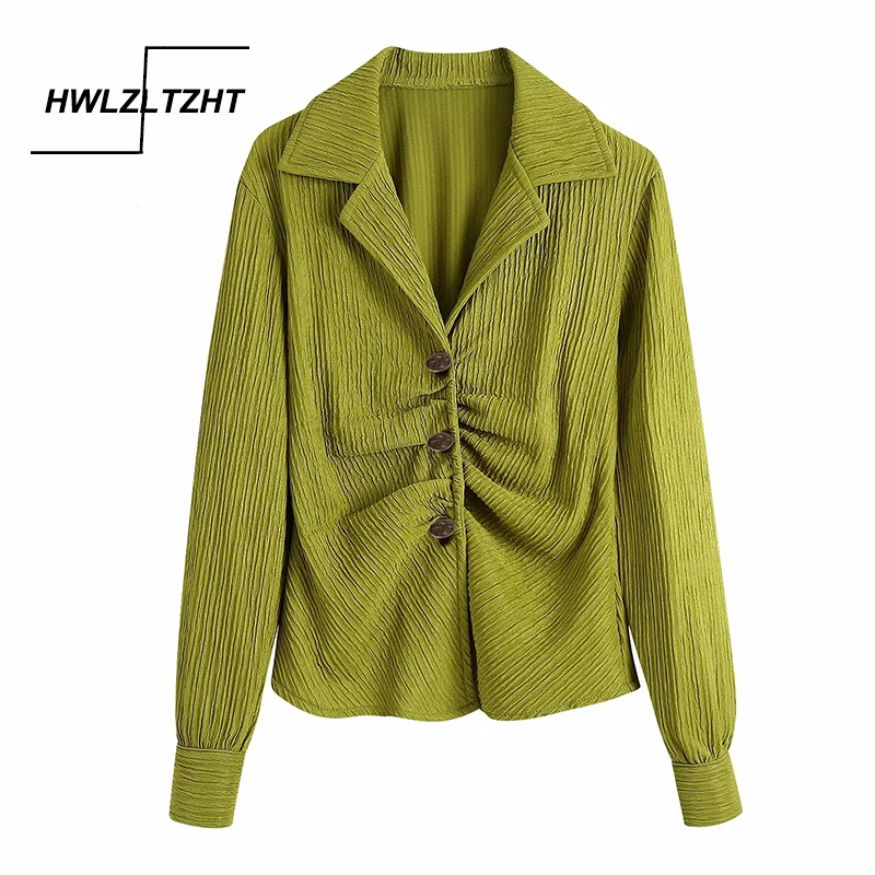 

HWLZLTZHT Women 2021 Fashion Button-up Pleated Blouses Vintage Lapel Collar Long Sleeve Female Shirts Blusas Chic Tops