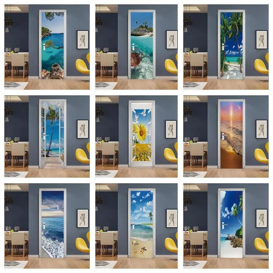 Pegatinas 3D de paisaje de playa Para puerta, papel tapiz extraíble, Mural...