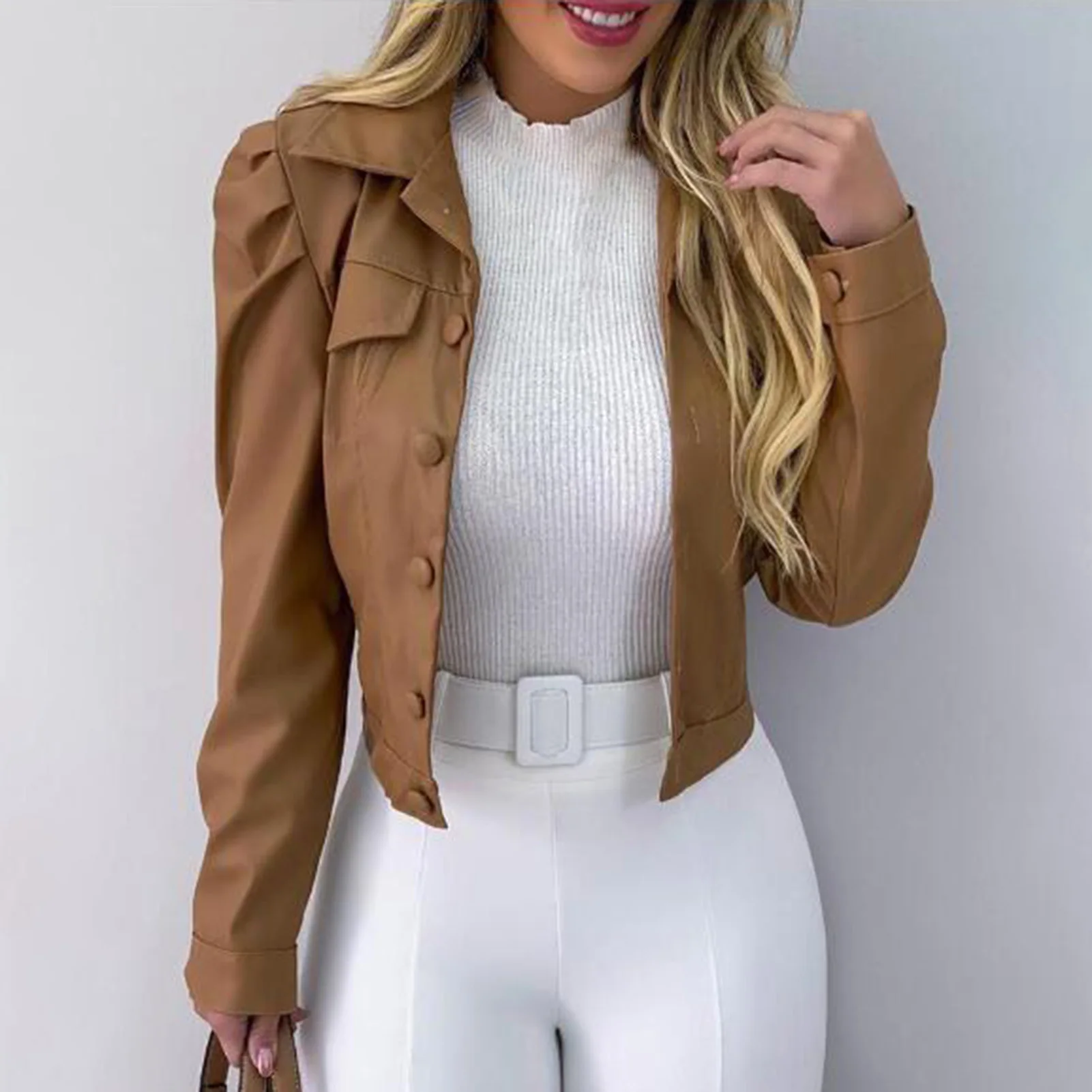 Women Fashion Streetwear Faux Leather Long Sleeve Buttons Jacket Coat Short Slim Outerwear Cardigan