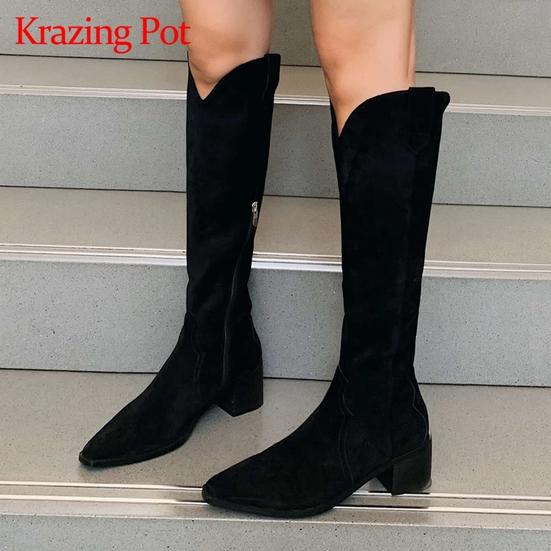

Krazing pot 2020 new arrival flock pointed toe high heel western boots young lady casual winter keep warm knee-high boots L80