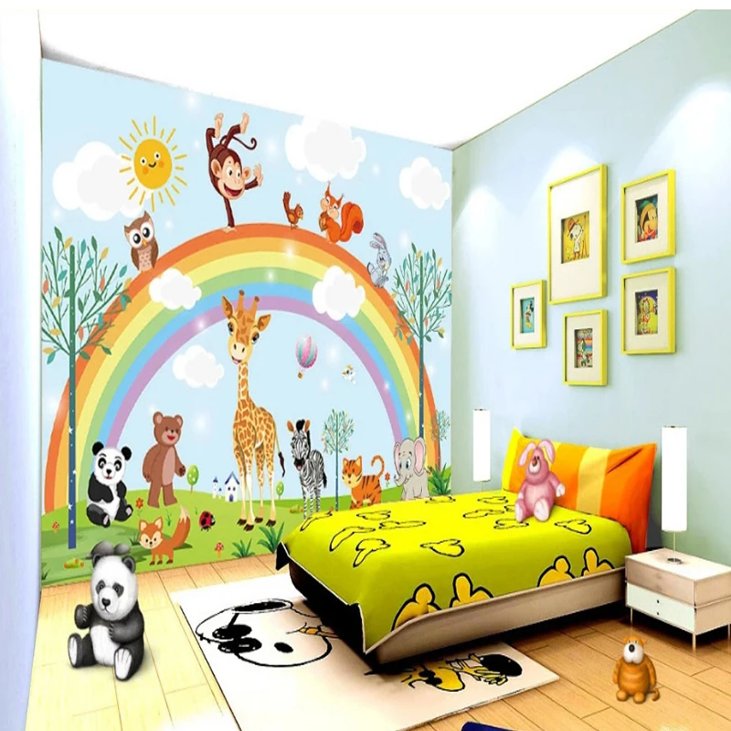 

3D Customized Mural Wallpaper Hand Painted Cartoon Rainbow Animal Children Baby Room Bedroom Wardrobe Wall Home Decor