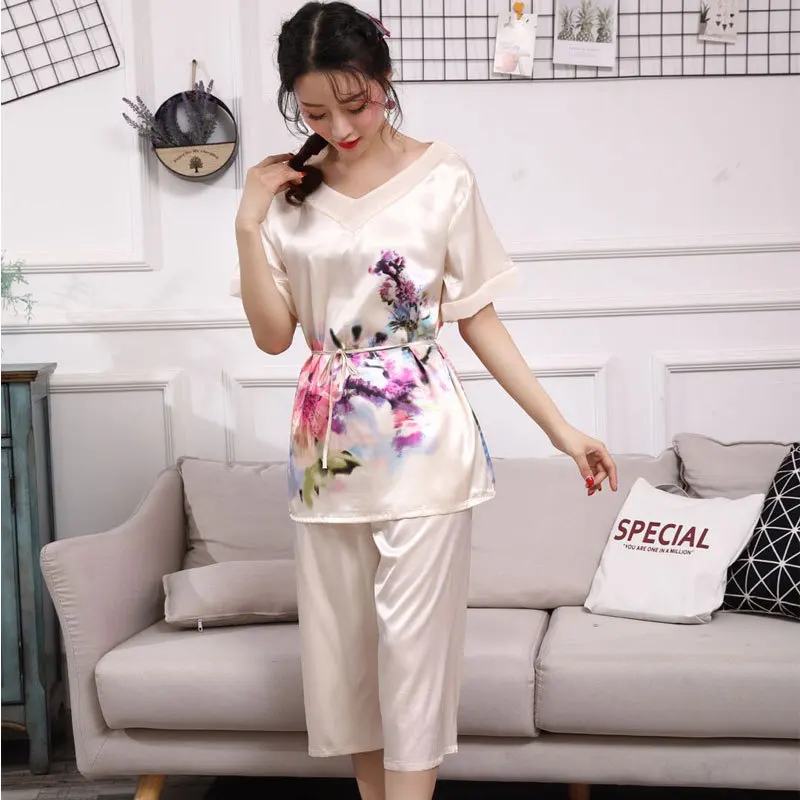 Casual Short Sleeve Nightwear 2-piece Suit Silk Plus Size Style Peacock Women's Pajamas Sets Home Wear Sleepwear Summer