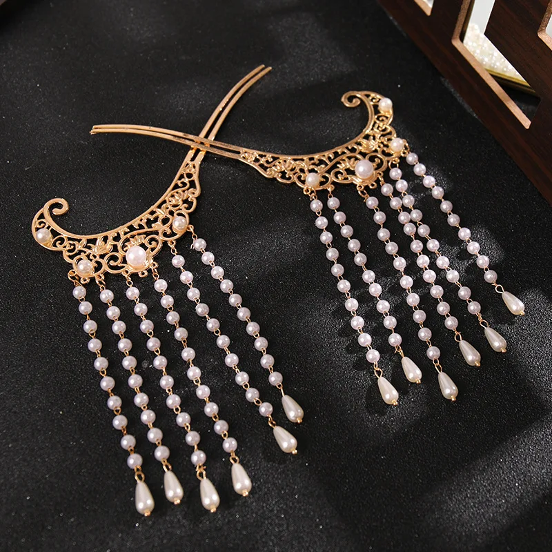 Hanfu Clothing Accessories Retro Pearl Tassel Hairpins Set with Crown Chinese Style Cute Vintage Headdress for Girls MA | Красота и