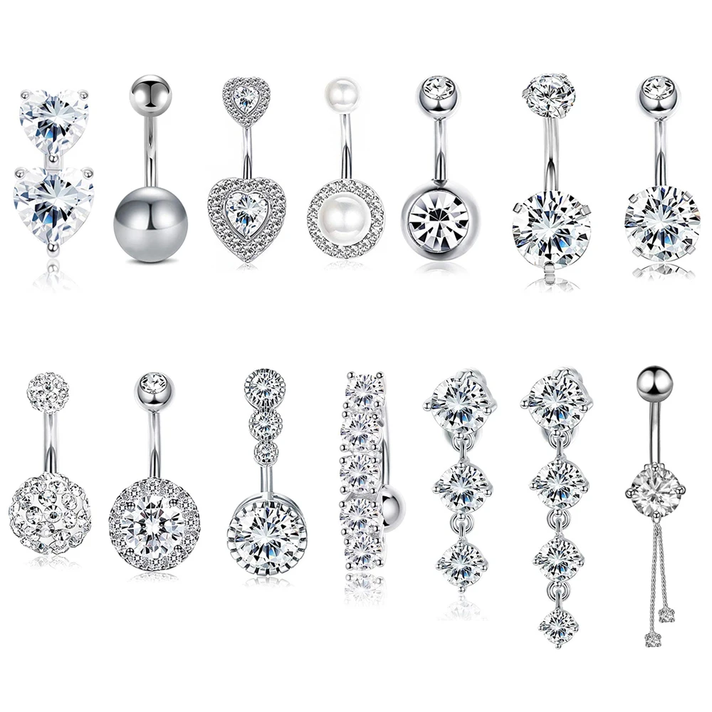 

14pcs/lot Dangling Navel Belly Button Rings Set Oreja 14G Double Round Cubic Zirconia 316L Steel Belly Piercings Jewelry Body