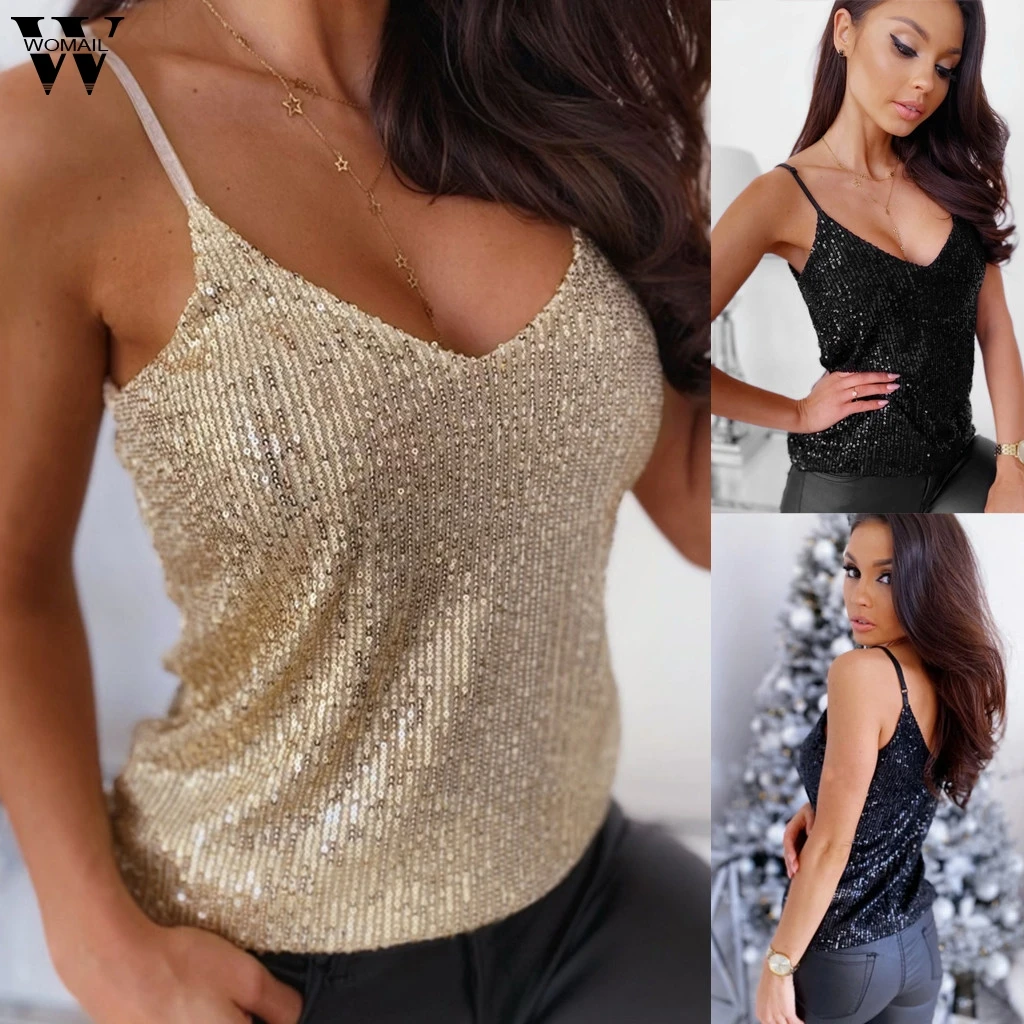 Womail женские безрукавки Cami без рукавов сексуальные Sequine Strappy v образный вырез
