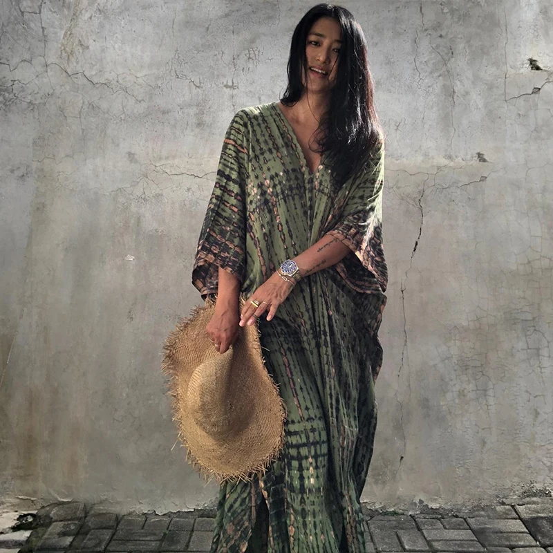 

100% Cotton Bohemian Printed V-neck Batwing Sleeve Side Split Loose Dress For Women Clothes Plus Size Beachwear Maxi Dress Q1218