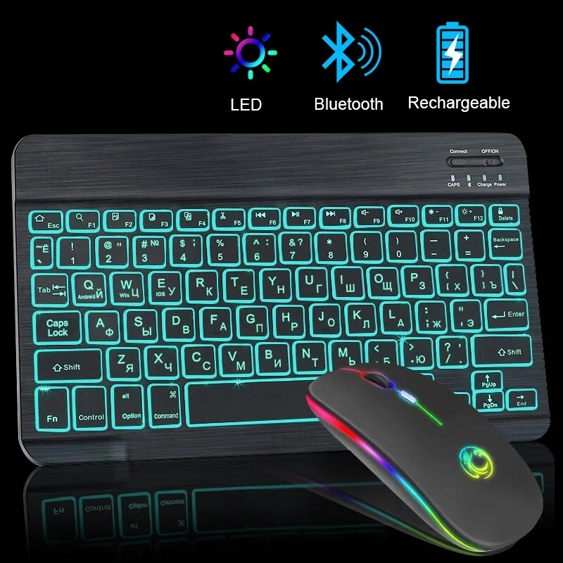 

RGB Bluetooth Keyboard and Mouse Rechargeable Wireless Keyboard Mouse Russian Spainsh Backlight Keyboard For Tablet ipad Laptop