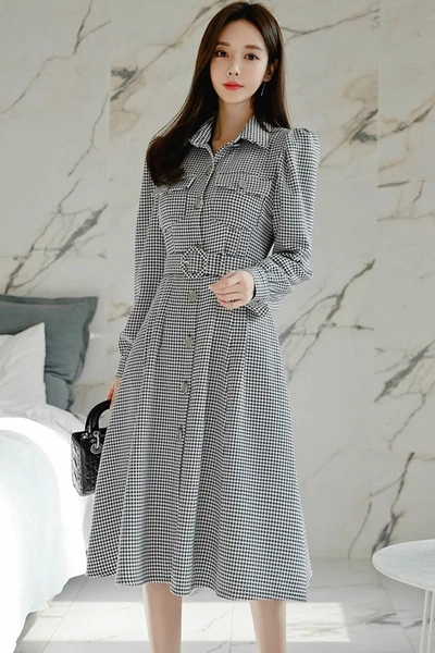 

High quality 2020 Autumn Elegant single-breasted Houndstooth Turn down Collar Long Sleeve Slim With Belt Midi Dresses Vestidos