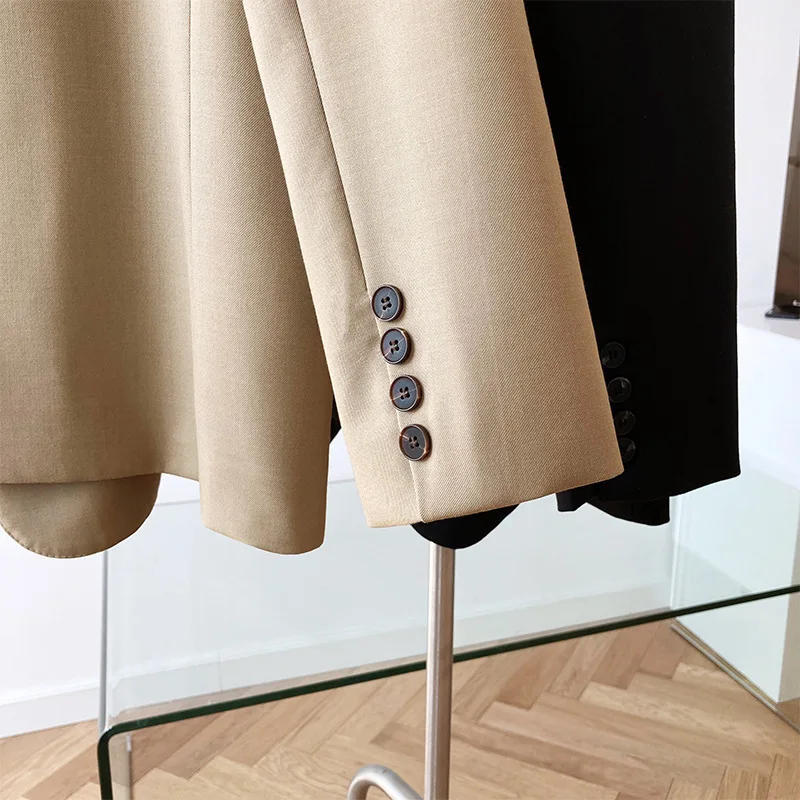 

Korean Khaki Blazers Women Fashion Fake Two-piece Double Placket Design Black Lapel Long Sleeve Suit Jacket Casual Spring Autumn