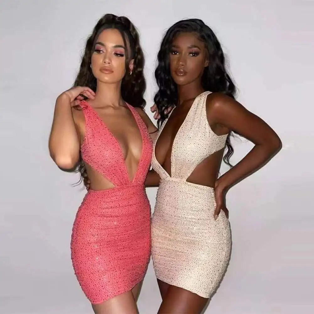 

Женское пикантное облегающее мини-платье COCOTHIA с глубоким V-образным вырезом, вырезами, открытой спиной и молнией, блестящее вечернее платье ...