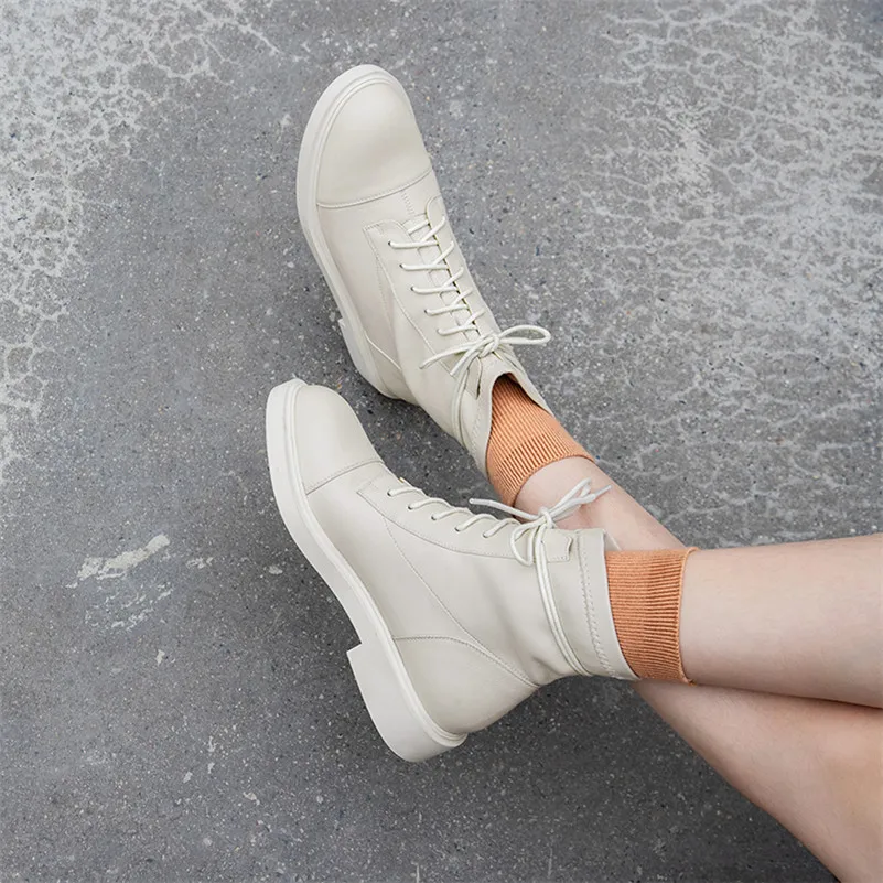 

Meotina Genuine Leather Platform Flats Ankle Boots Motorcycle Boots Women Shoes Round Toe Lace Up Short Boots Autumn Winter 40