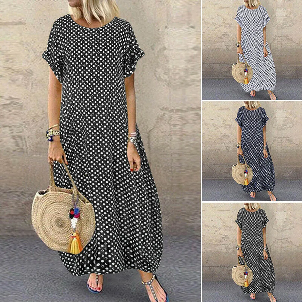 

платье в горошек New Arrival Women Short Sleeve Polkas Dot Shirt Dress Long Maxi Dress Loose Sundress Plus Lady Fashion Derss