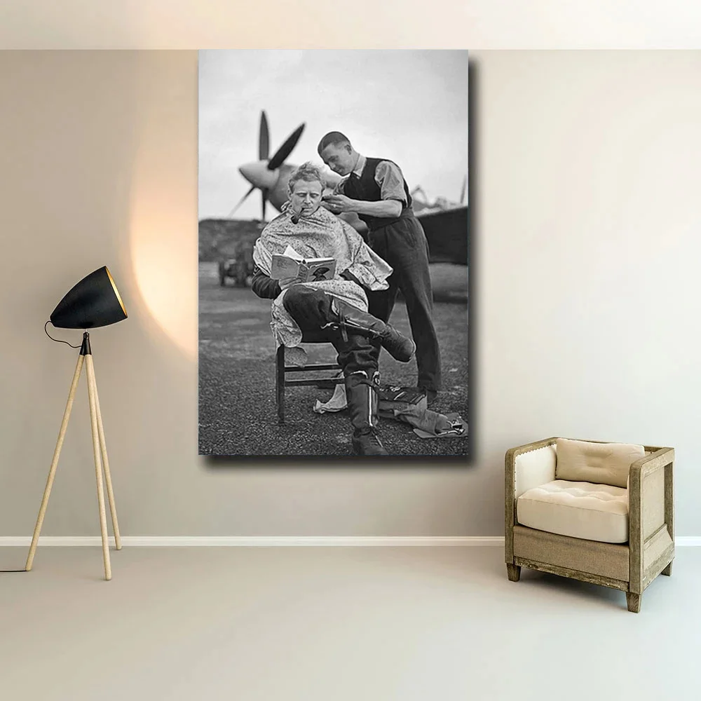 Черно-белый декор салона красоты "Винтажное фото Стрижки пилота Второй мировой войны" Плакаты на холсте "Художественная роспись на стене барбера" Подарок парикмахеру.