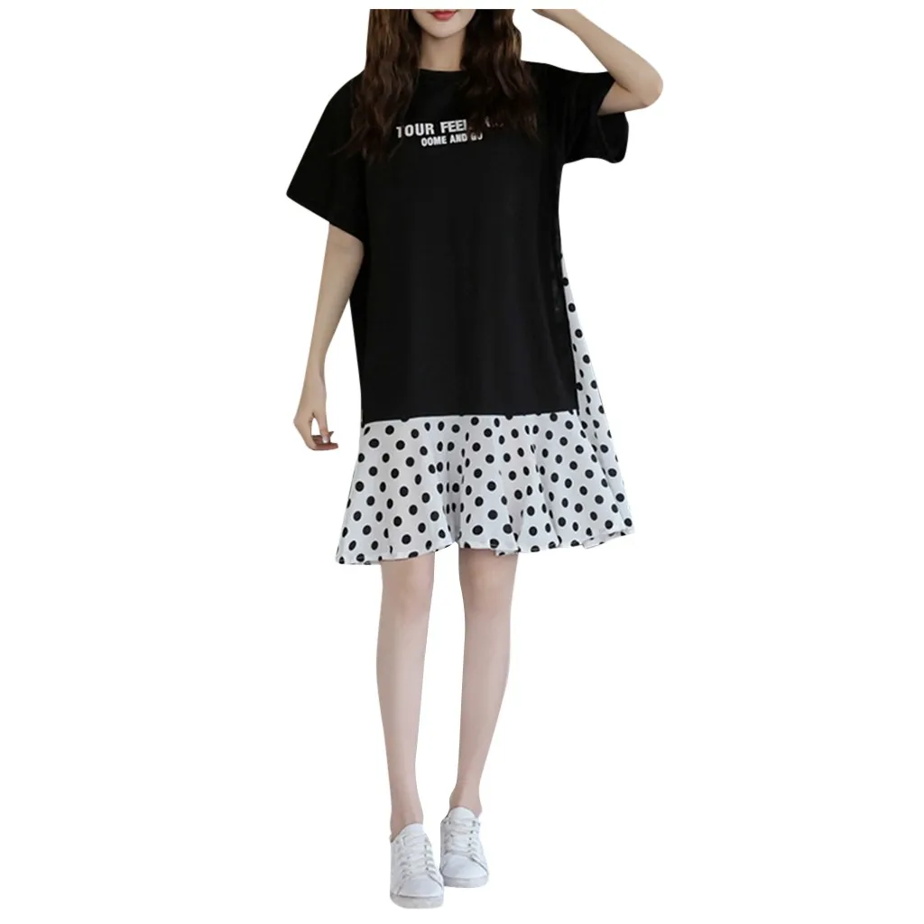 Женское платье в горошек с коротким рукавом и круглым вырезом | Женская одежда