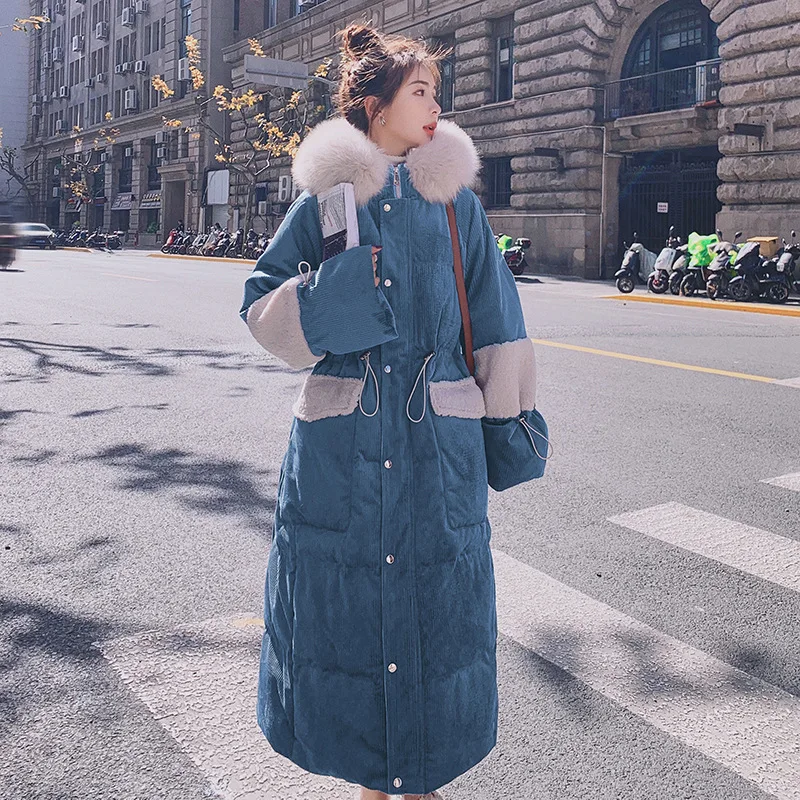 

Winter Women's Jacket New Lamb Wool Stitching White Duck Down Padded Long Hooded Thick Korean Loose Corduroy Cotton Coat Female