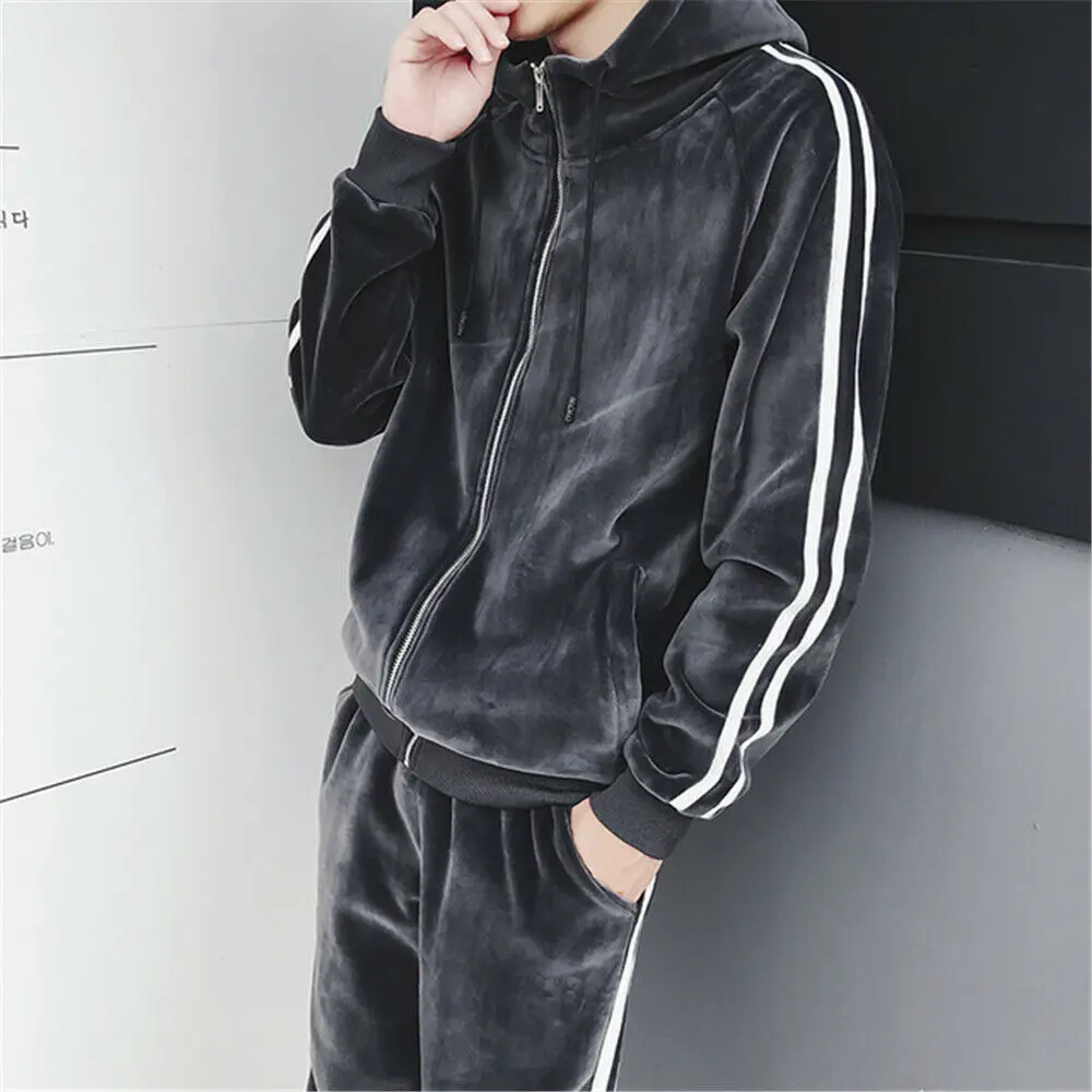 Mens Velvet Tracksuit 2 Piece Casual Pant Hoodie Sweater Sweatsuit Sport Sweatshirt Set