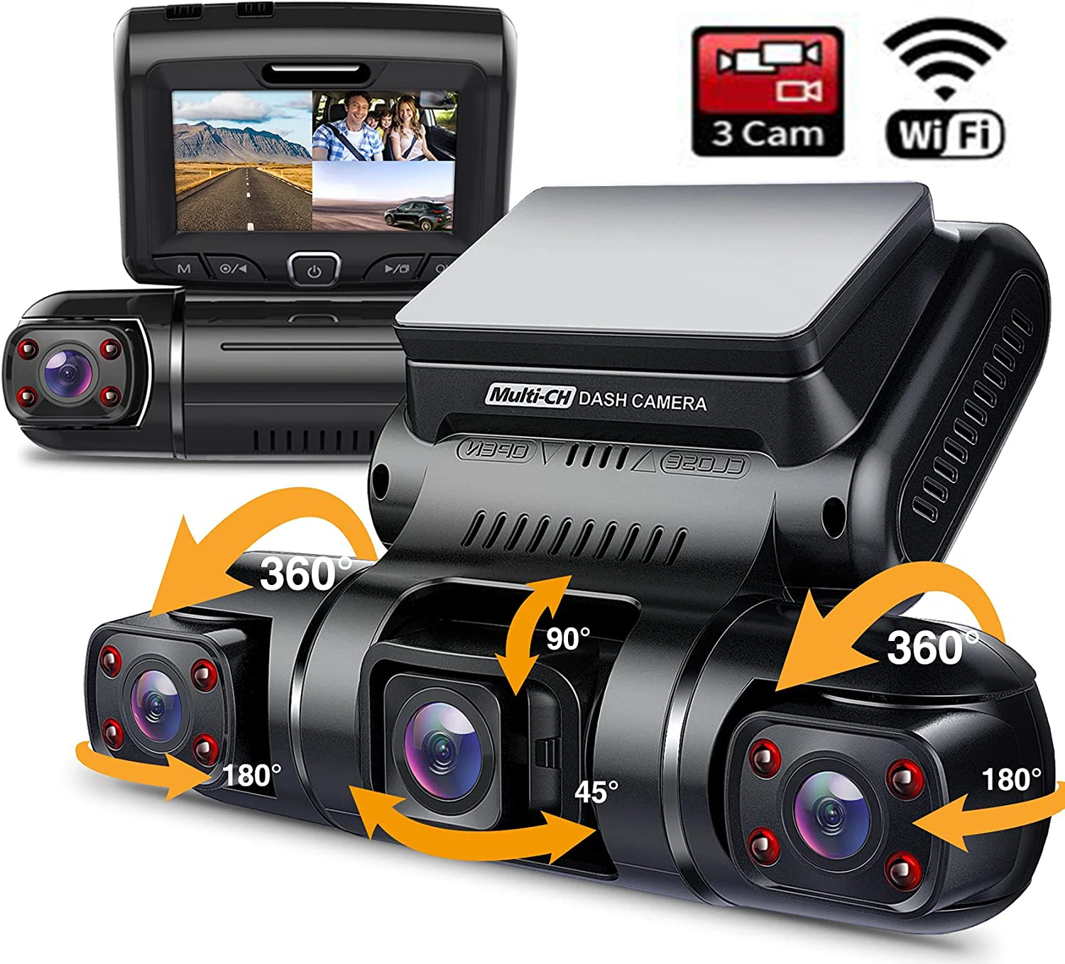 3-канальный видеорегистратор 2K + 1080P Автомобильный с 3 объективами 3-дюймовый
