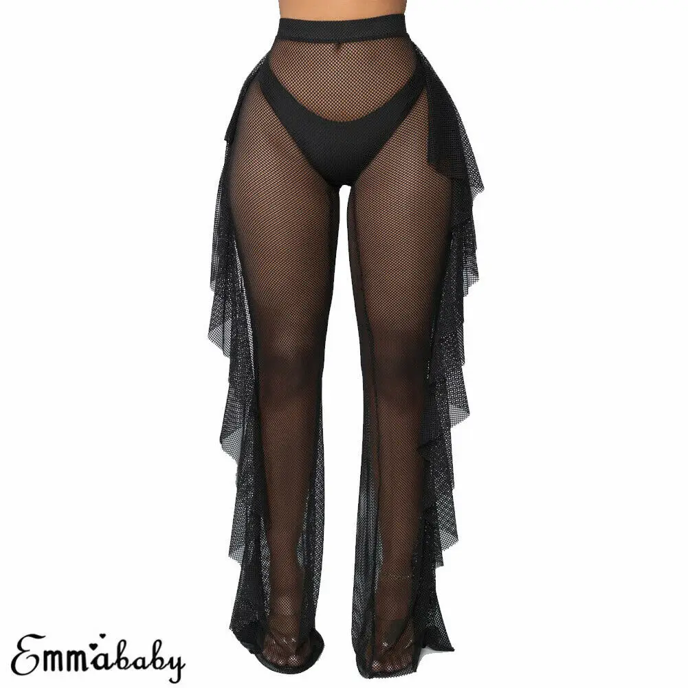 Женские пляжные накидки с оборками летние прозрачные штаны широкими штанинами