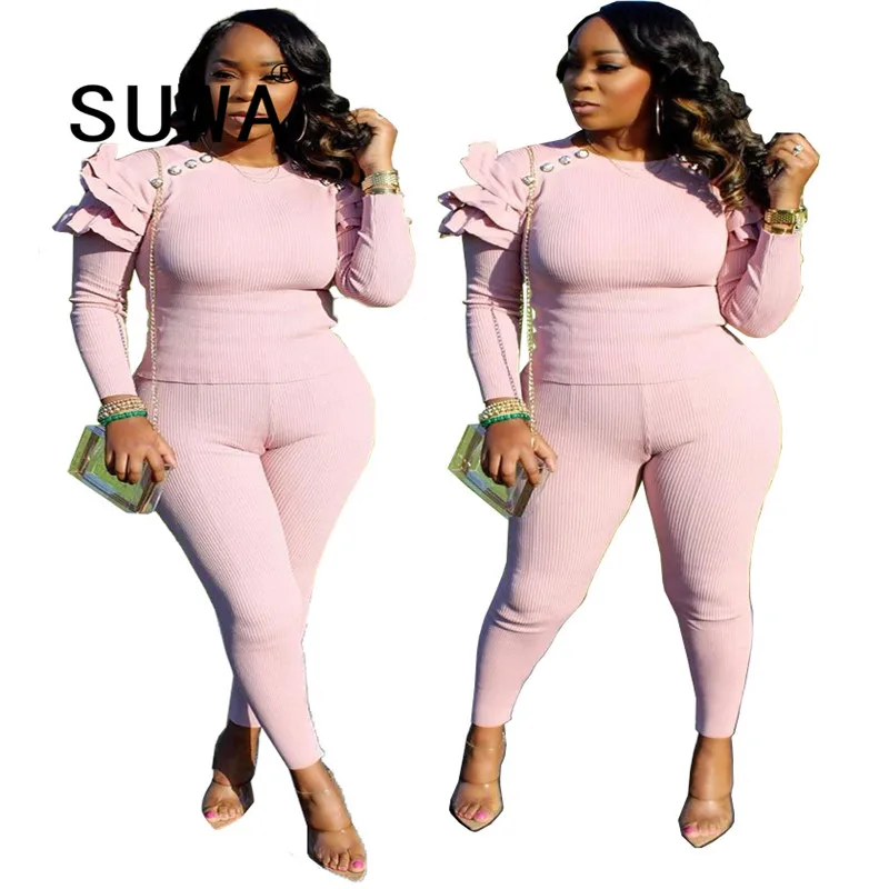 

Модный однотонный костюм из двух предметов с многослойными оборками и длинными рукавами, вязаный пуловер, топ, облегающие брюки-карандаш, Ж...