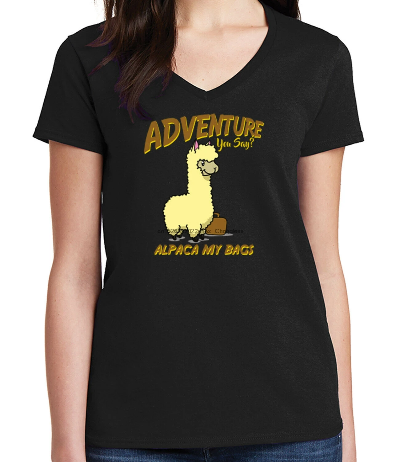 Альпака свои сумки дамы с V образным вырезом Футболка ламы Приключения