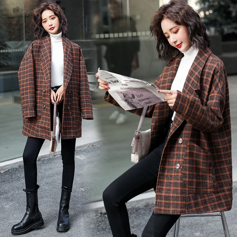 

CMAZ Mid-Length 2021 New Autumn and Winter British Style High-End Retro Plaid Woolen Coat Women's Plaid Woolen Coat