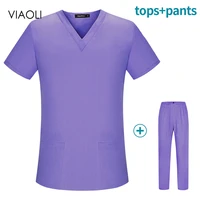 2021 solid color womens nursing scrub top t shirt casual nurse set uniform clinic v neck pocket protection womens clothing
