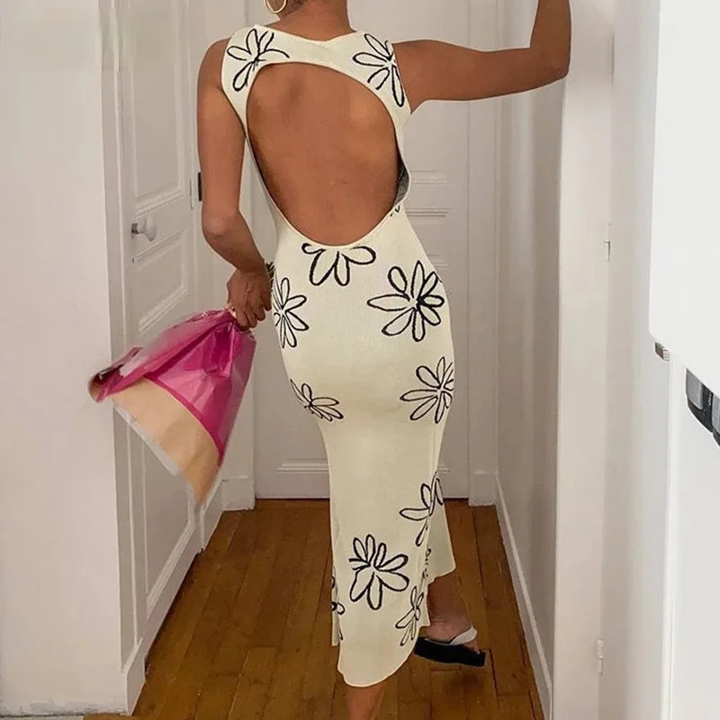 

Bodycon Floral Print Round Neck Club Wear Party Knitted Y2K Sexy Summer Dress Backless Slim Sexy Women Vintage Dresses