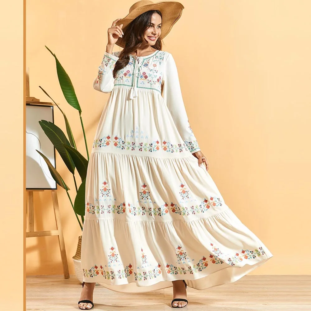 

Ramadan Islamic Muslim Women Embroidery Long Dress Arab Jilbab Ethnic Vintage Long Sleeve Maxi Robe Gown Thobe Draped Design New