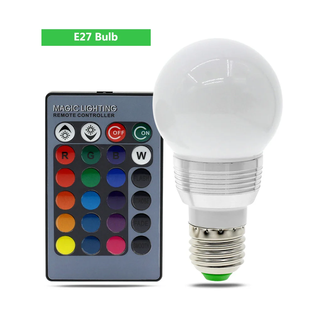 Цветная(RGB светодиодный лампы E27 E14 GU10 волшебный Светильник лампы 110V 220V 16 Цвет меняющийся светодиодный сценические лампы RGB Светодиодный точечный светильник+ 24-кнопочный ИК-пульт дистанционного управления Управление - Испускаемый цвет: E27 Bulb