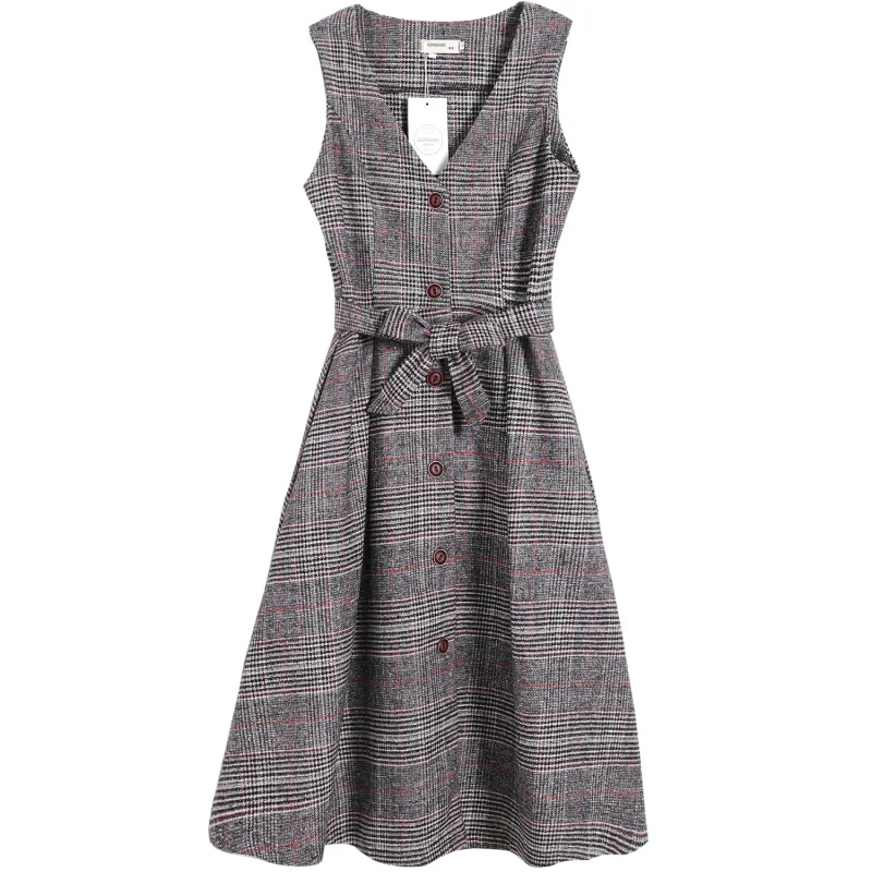 

England Style Winter Women Woolen Sundress V Neck Vintage Plaid Sashes Long Sleeveless Shirt Dress Elegant Mori Girl Wool Dress