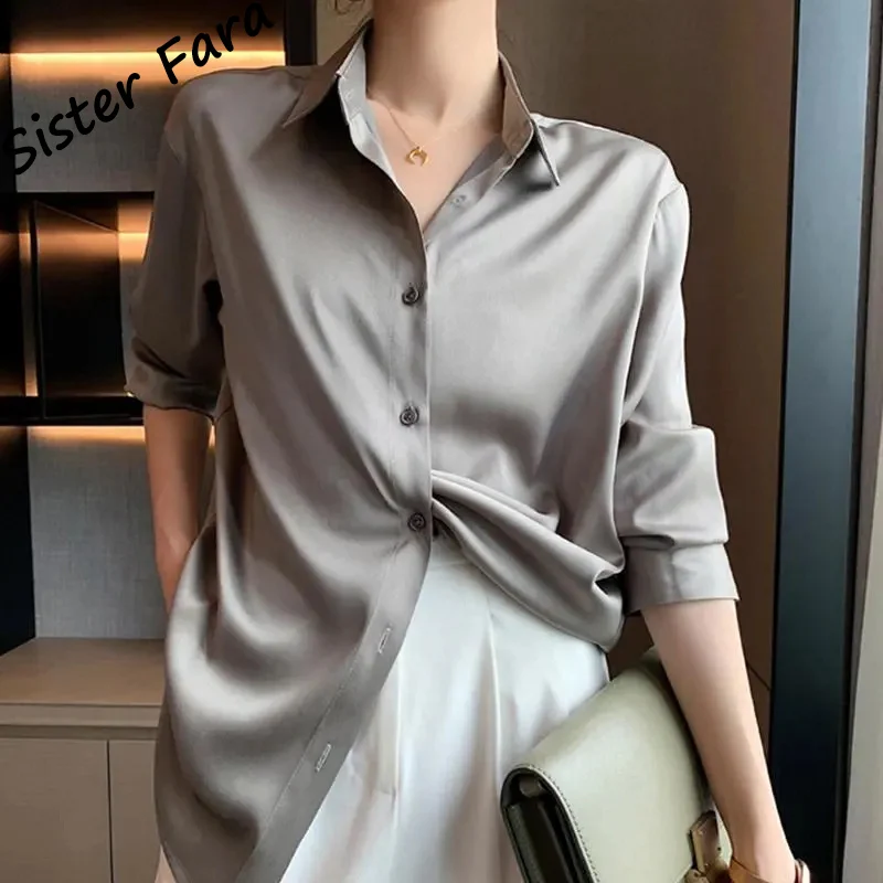 Однотонная Элегантная атласная рубашка Sister Fara Весенняя женская Свободная