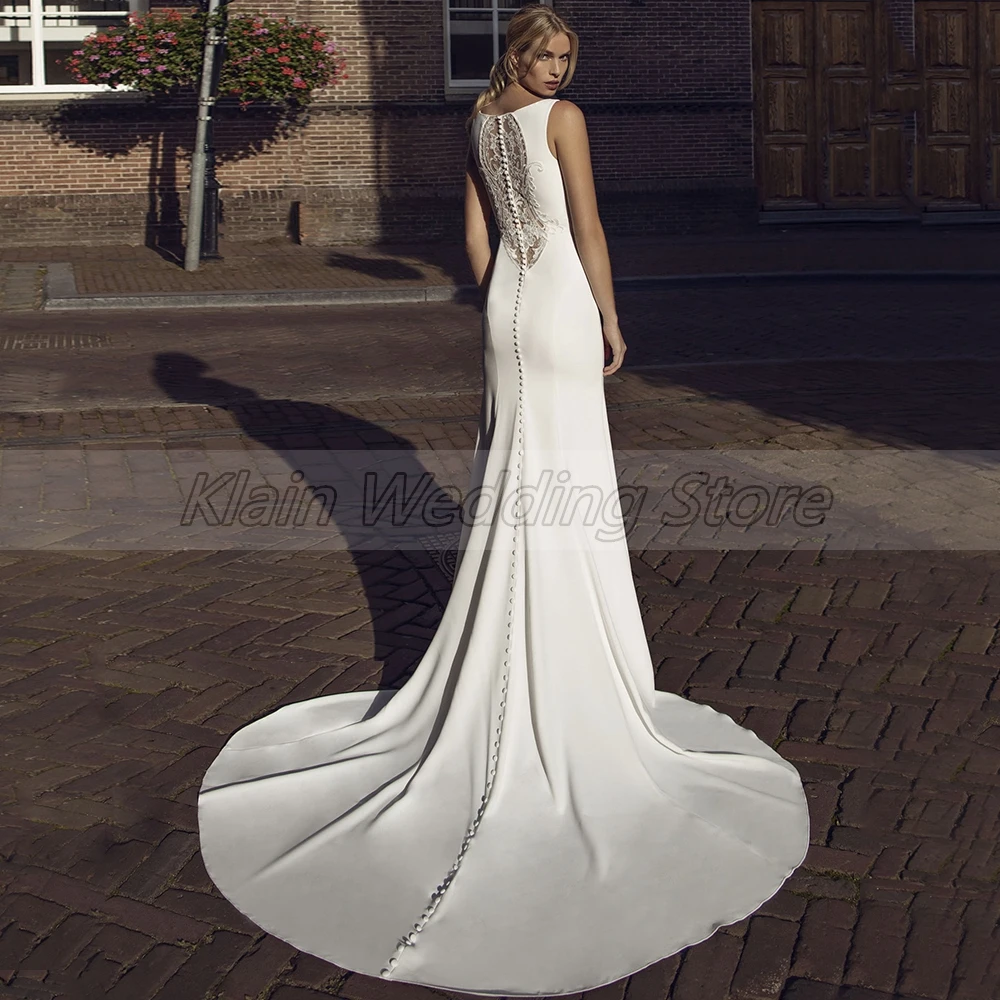

Elegant Mermaid Sweep Train Wedding Dress 2021 O-Neck Sleeveless Floor Length Lace Button Back Bridal Gowns for Bride