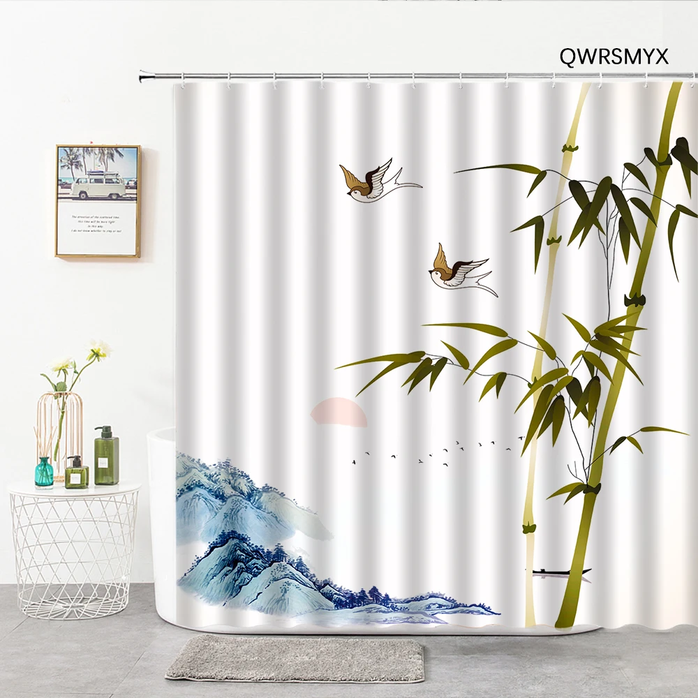 

Green Bamboo Landscape Scene Painting Bathroom Curtain Shower Curtain Aesthetic Home Decor Bathroom Product Curtains For Kitchen