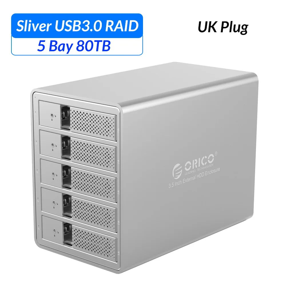 Док-станция ORICO 5 Bay 3,5 ''USB3.0 HDD с поддержкой Raid 80 ТБ с 150W внутренним адаптером питания алюминиевый SATA для USB 3 UASP - Цвет: Sliver UK Plug