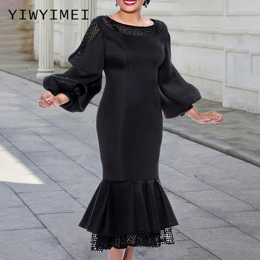 

Vintage Black White Mermaid Midi Dress Women Autumn O Neck Long Sleeve High Waist Ruffle Hem Vestidos 2021 New