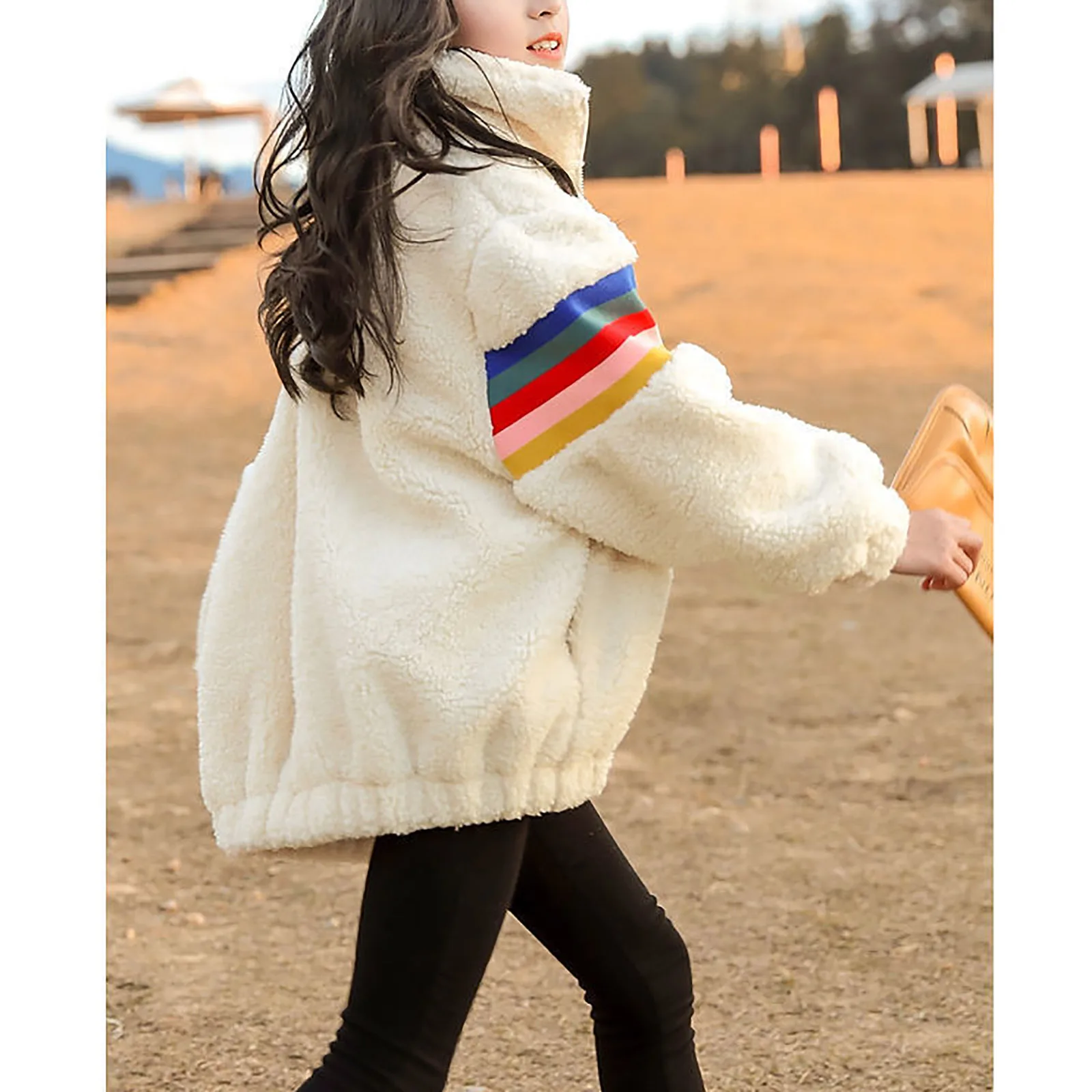 

Модная зимняя утепленная куртка для девочек-подростков, детское теплое флисовое пальто с длинными рукавами и радужными полосками, Детская ...