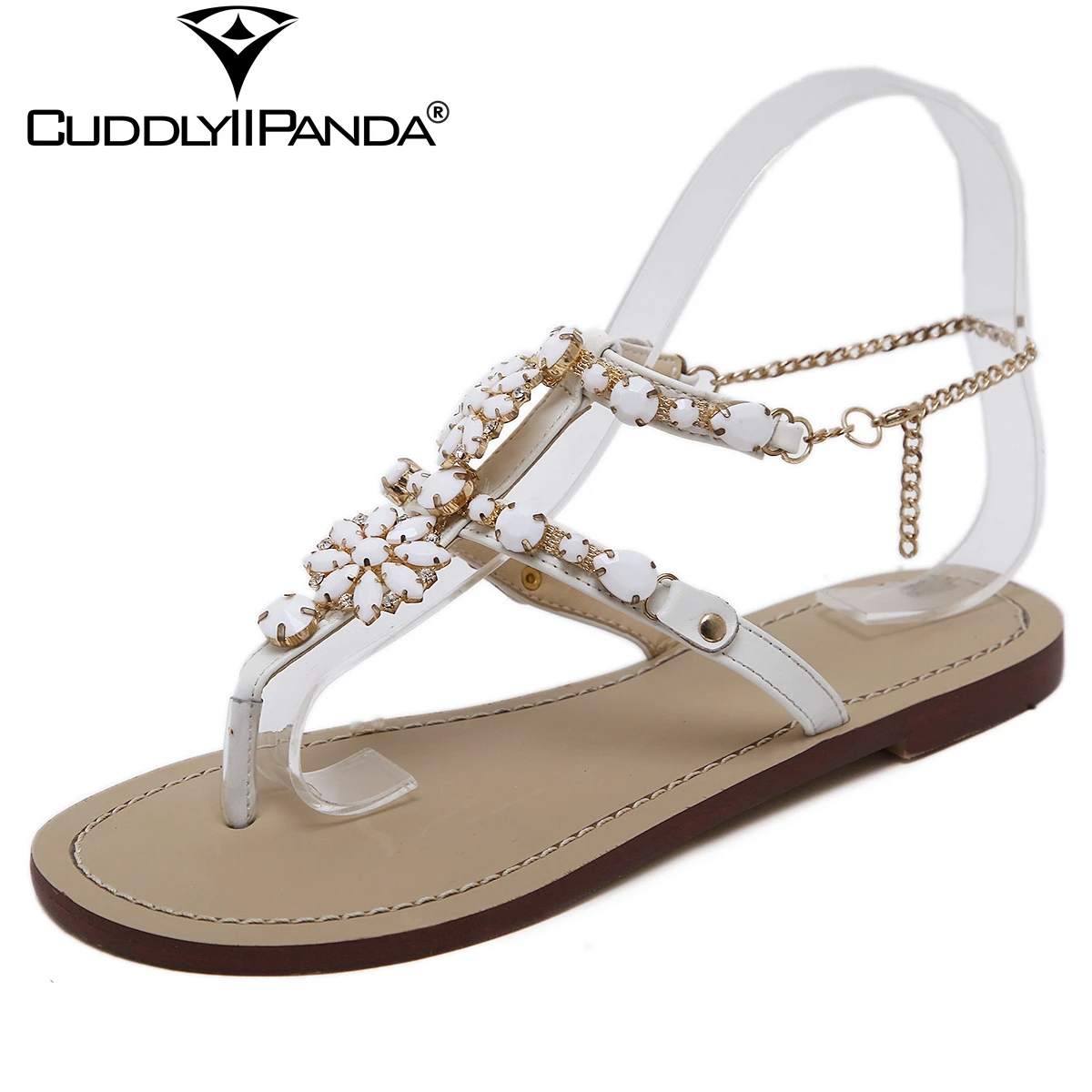 

CuddlyIIPanda новые женские сандалии, Размеры 35-46, роскошные дизайнерские пляжные сандалии с кристаллами, летняя обувь с металлическими цепочками