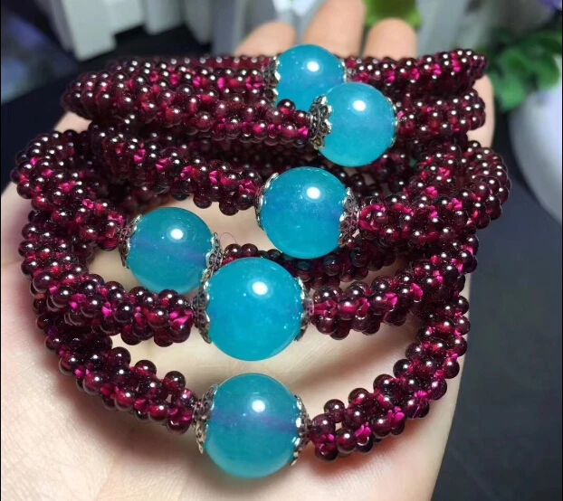 2 шт. натуральный винно красный гранат Плетеный мяч ручной браслет с халцедоном