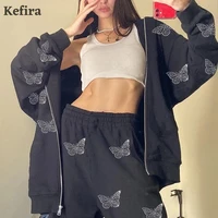 kefira 2021 black long sleeve goth zip up hoodies women autumn winter butterfly diamond street harajuku hooded jacket sweatshirt