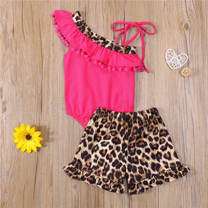 

Baby Girl Summer Creative Outfit 2Pcs,Infant Off-shouler Tassel Decoration Bandage Bodysuit +Leopard Print Pocket Shorts