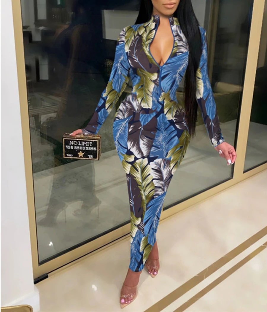 

2020 Новинка для женщин, с рисунком, с длинными рукавами и открытыми плечами облегающее сексуальное Вечерние Клубное платье макси элегантные ...