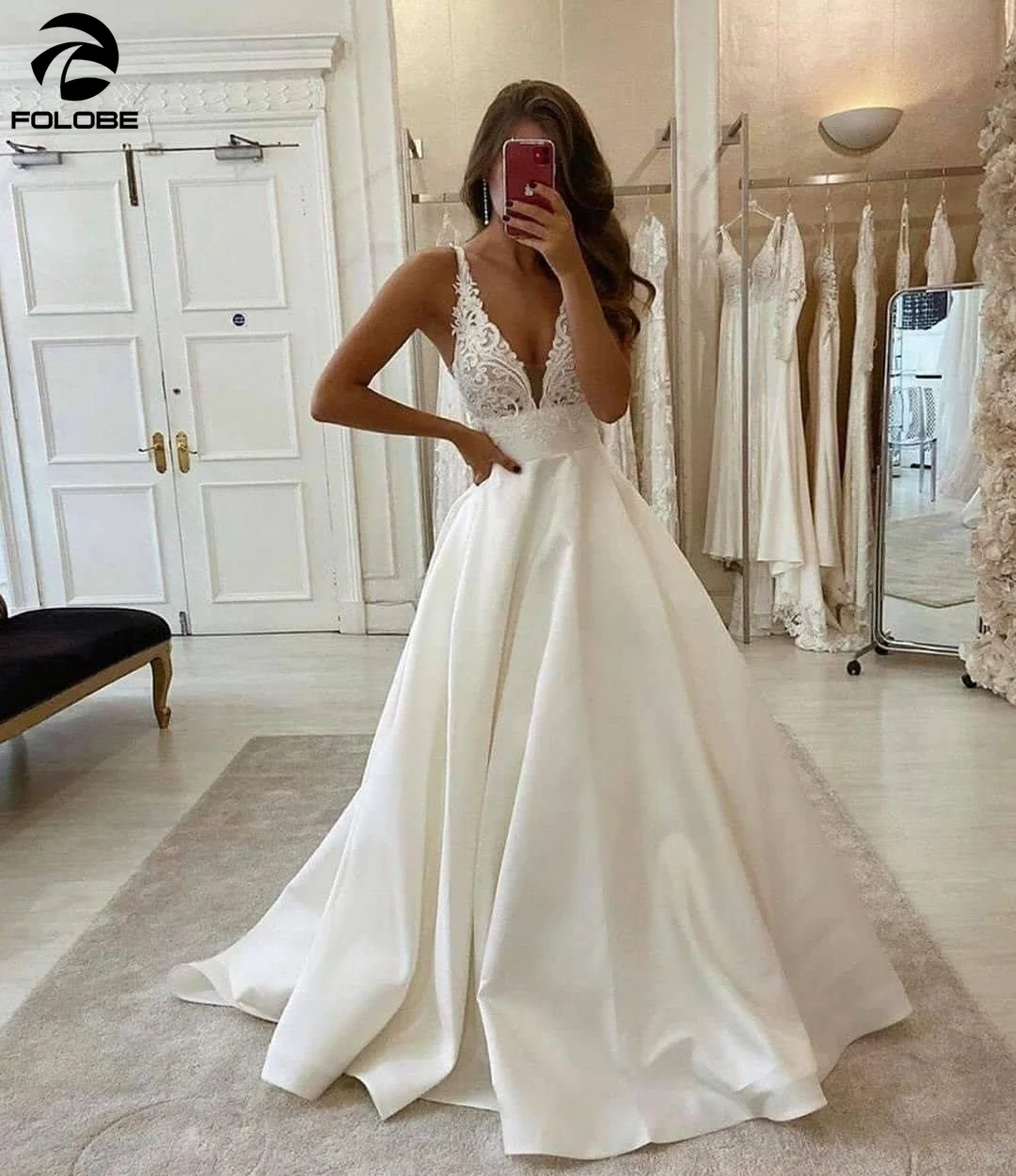 

Sexy Deep V-neck Wedding Dresses Sleeveless Satin Backless A-line Satin Floor Length Bridal Gowns Custom Made vestido de novia