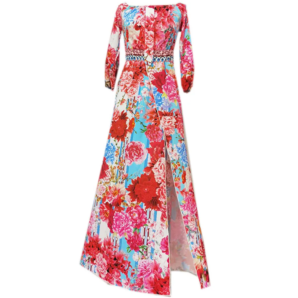 

2021 New Fashion Women's Dress Elegant Temperament Loose Casual Retro Split High Waist Printing One Word Collar Long Sleeve