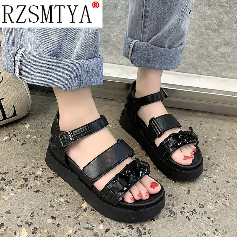 

Summer Black Leather Gladiator Sandals for Women Three Buckle Platform Sandals Women Street Style Flat Roman Shoes Woman
