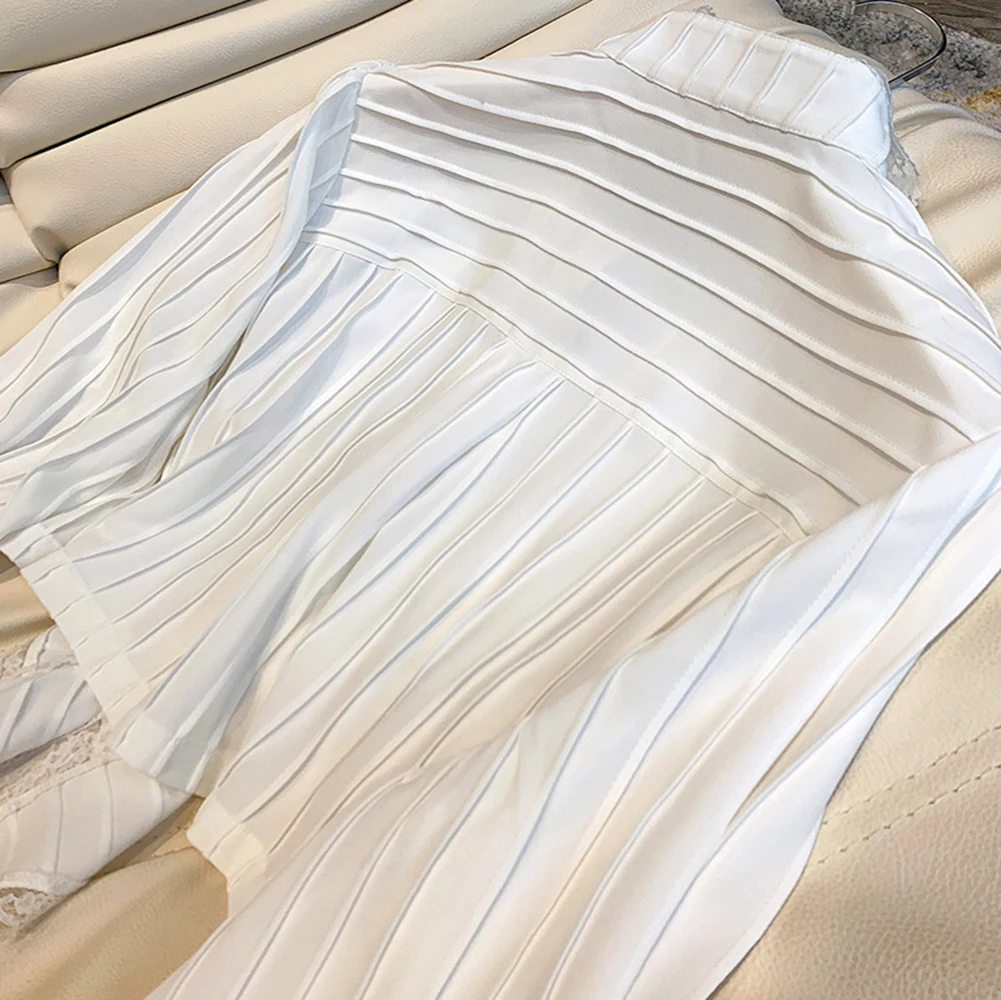 

Button Up White Shirt Women Korean Fashion Bows Lace Patchwork Cropped Top Sheer Shirt Short Blouse