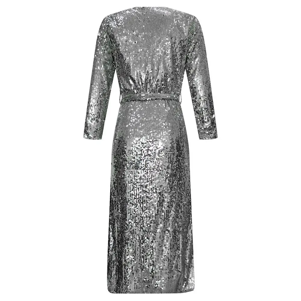 

2020 Spring Silver Sequins Elegant Women Long Coats with Sash Long Sleeves V Neck Mid Calf Fashion Cardigans Coat Outwear New Ar