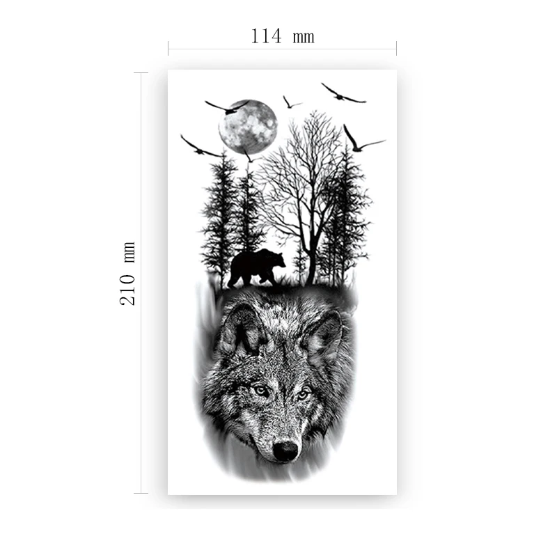 

Wolf Bear Animal Forest Temporary Tattoo Sticker Black Swallow Bird Moon Fake Tattoos Waterproof Tatoos Arm Large Size Women Men