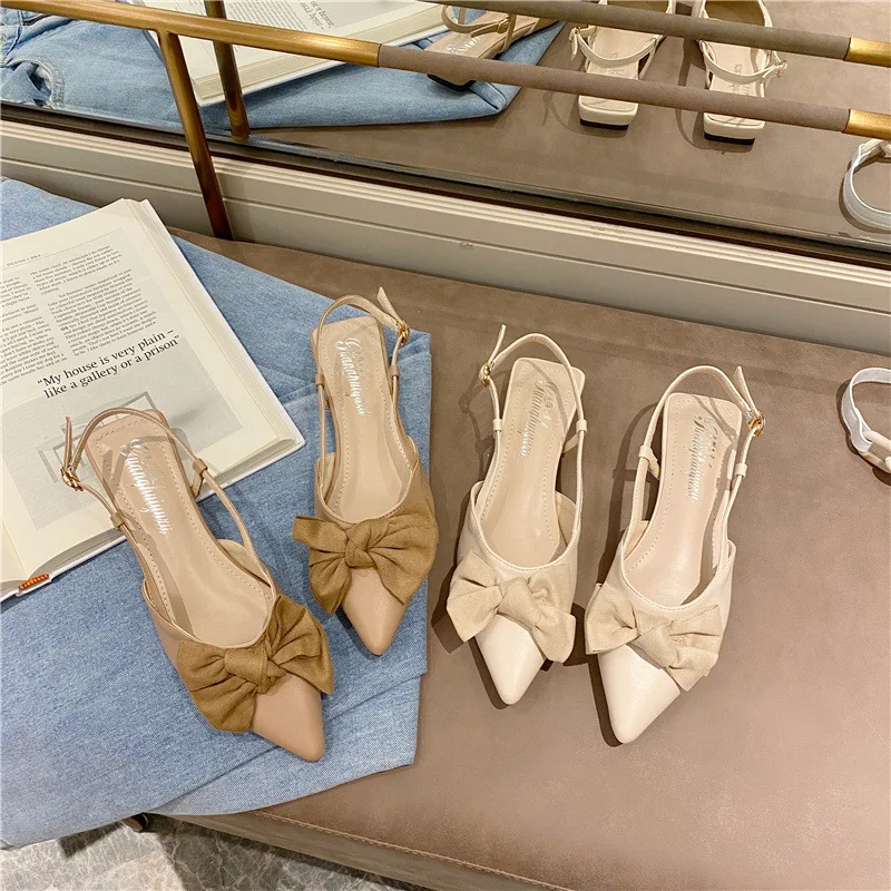 

sandals women's bow 2020 new summer fairy style versatile low heel back empty one line flat shoes with pointed